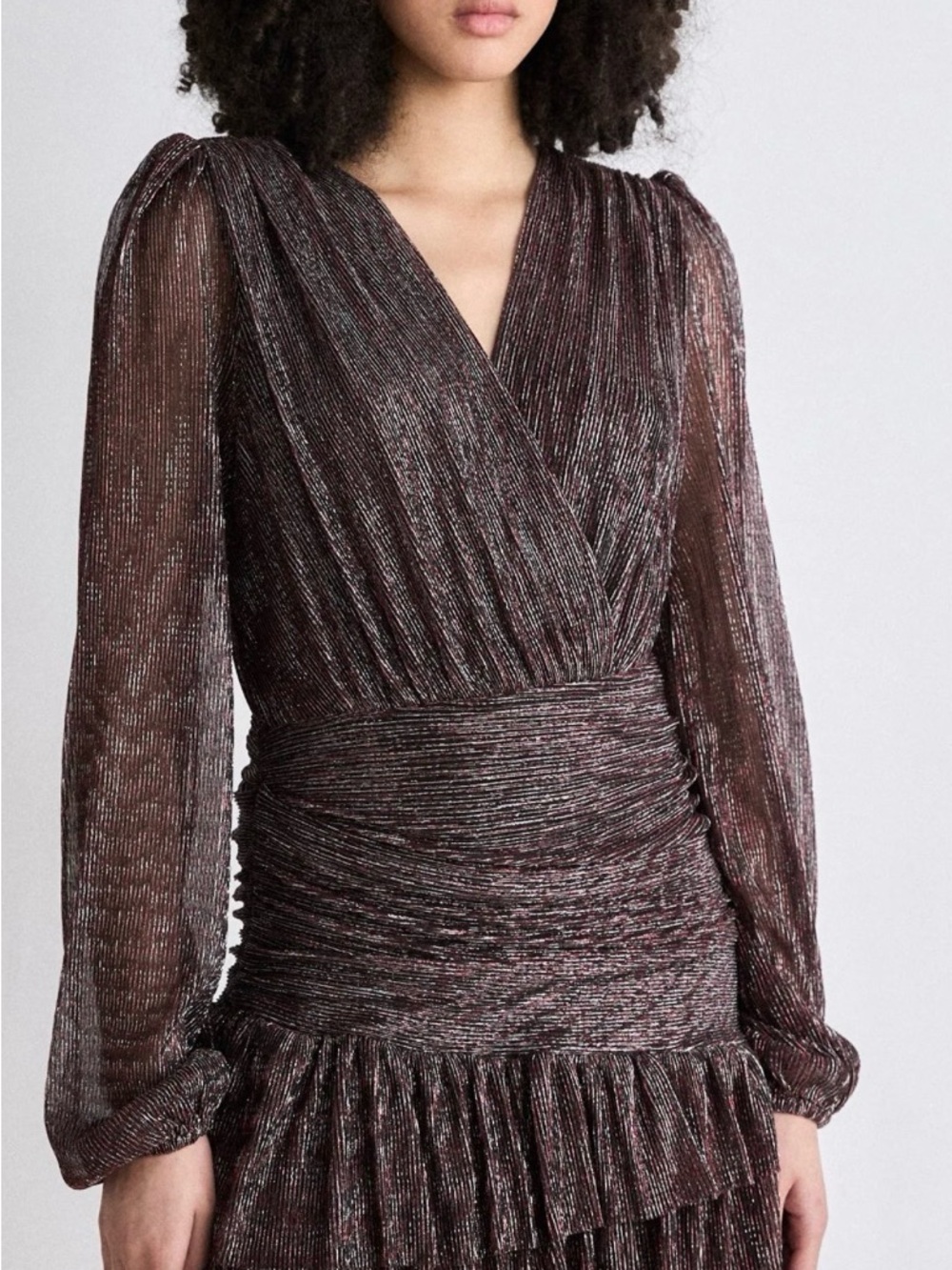 Cros Metallic Silver and Bordeaux Long-Sleeve Wrap-Style Dress